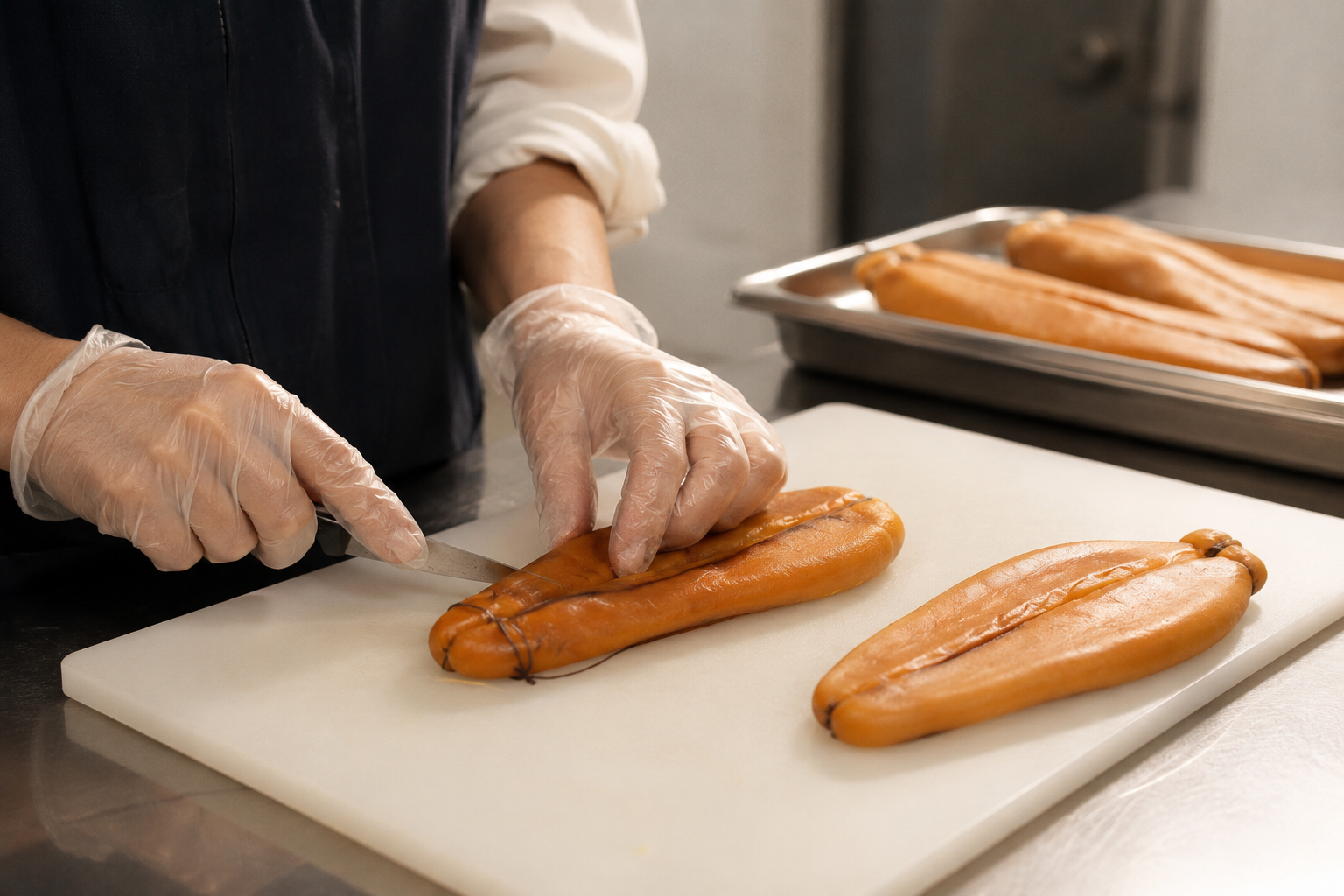 Préparation artisanale de la poutargue dans notre atelier de Port-de-Bouc